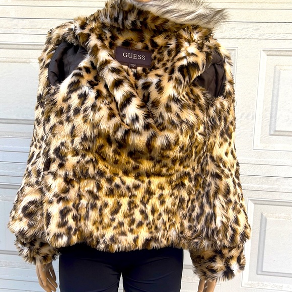 Guess Brown Leather Jacket with Animal Print Trim - Picture 7 of 12
